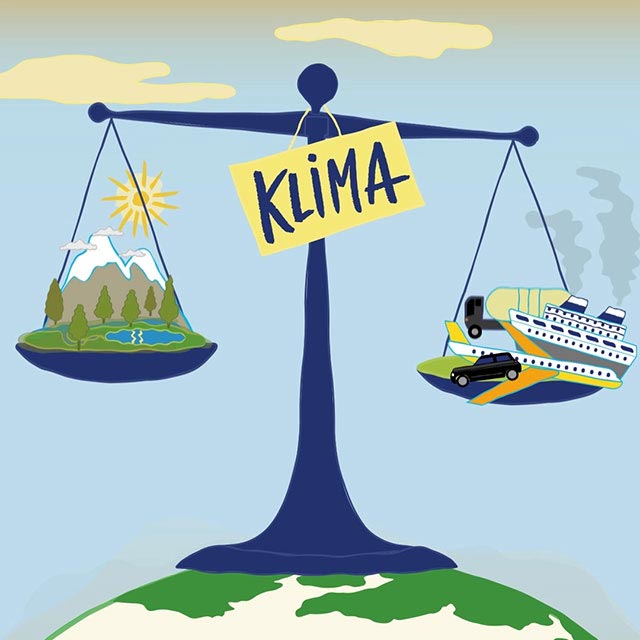 Grafik zum Thema Nachhaltige Mobilität aus einer Social Media Ad für Pusch Umweltschutz: An einer Wage hängt ein Schild mit der Aufschrift: Klima. In der linken Waagschale liegt eine stilisierte Landschaft als Sinnbild für Umwelt und Natur. In der rechten Waagschale liegen verschiedene Transportmittel, wie ein Kreuzfahrtschiff, ein Auto, ein Flugzeug und ein LKW. Die Waage steht auf einer angedeuteten Weltkugel.