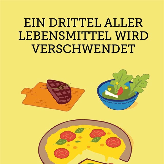 Grafik zum Thema Lebensmittelverschwendung aus einer Social Media Ad für Pusch Umweltschutz. Der Text sagt: Ein Drittel aller Lebensmittel wird verschwendet. Darunter sind stilisierte Bilder von Pizza, Fleisch und Salat zu sehen.