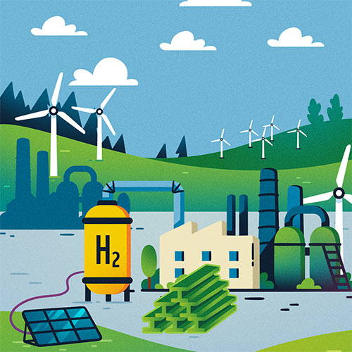 Grafik zum Thema Klimawandel. Eine stilisierte Fabrik, die nachhaltig produziert. Im Vordergrund steht eine Solaranlage und ein großer Tank, auf dem H2 zu lesen ist. Im Hintergrund befindet sich eine grüne Landschaft mit Windrädern.