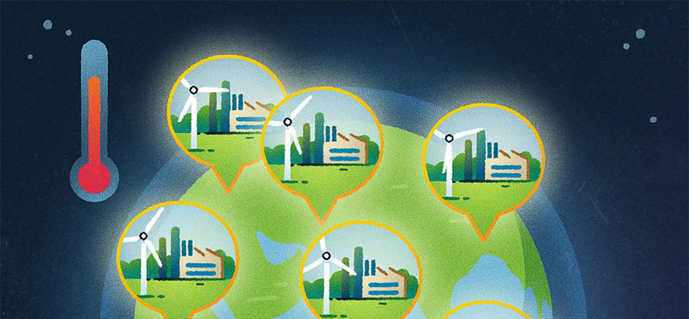 Grafik zum Thema Klimawandel. Eine stilisierte Weltkugel, daneben ein Thermometer im roten Bereich.